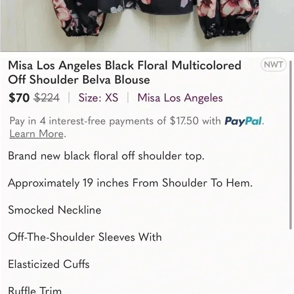 MISA Los Angeles Belva Blouse Off the Shoulder Black Velvet Bow Floral Satin - Picture 4 of 15
